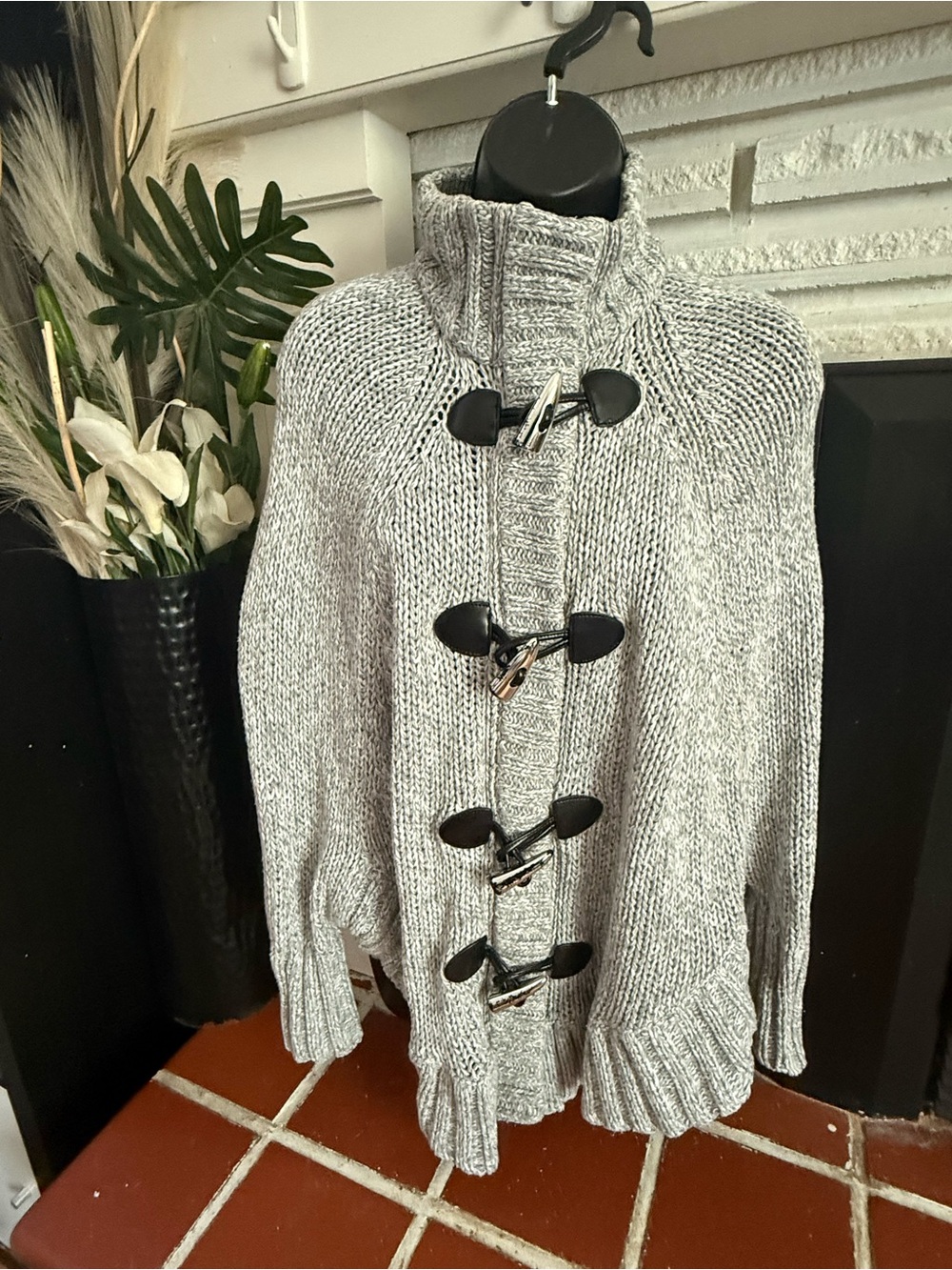 Michael Kors Oversized Gray Toggle-Front Knit Poncho Sweater - Size S